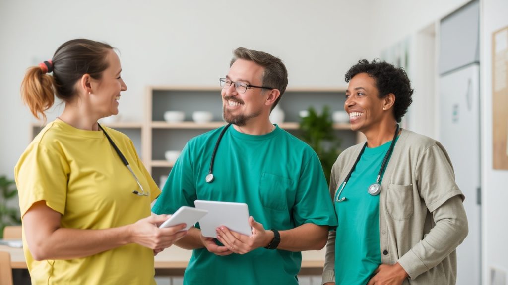 happy employees discussing health benefits 2